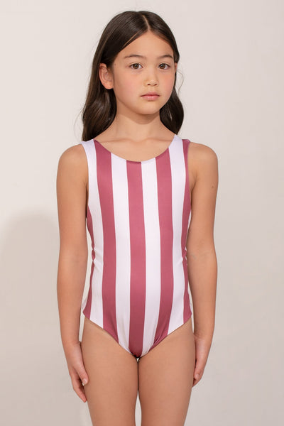 One Piece Swimmer Stripes Dark Cherry Girl - ANCORA