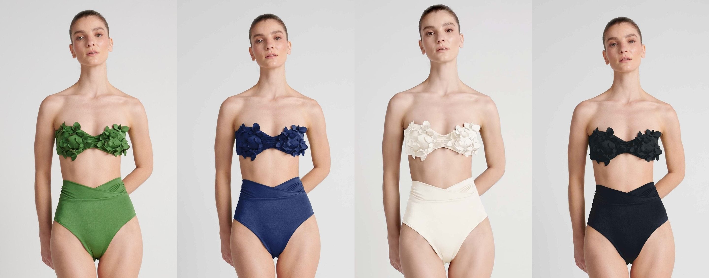 Bikini Meadow strapless en verde, azul, marfil y negro